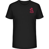 a black t - shirt with a pink logo on it