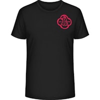 a black t - shirt with a red logo on it