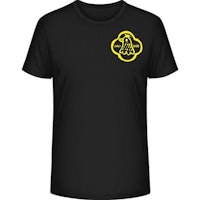 a black t - shirt with a yellow logo on it