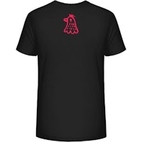a black t - shirt with a pink logo on it
