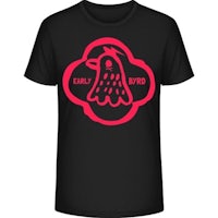 a black t - shirt with a red bird on it