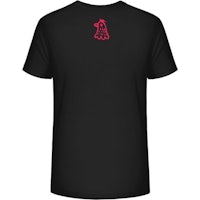 a black t - shirt with a pink logo on it